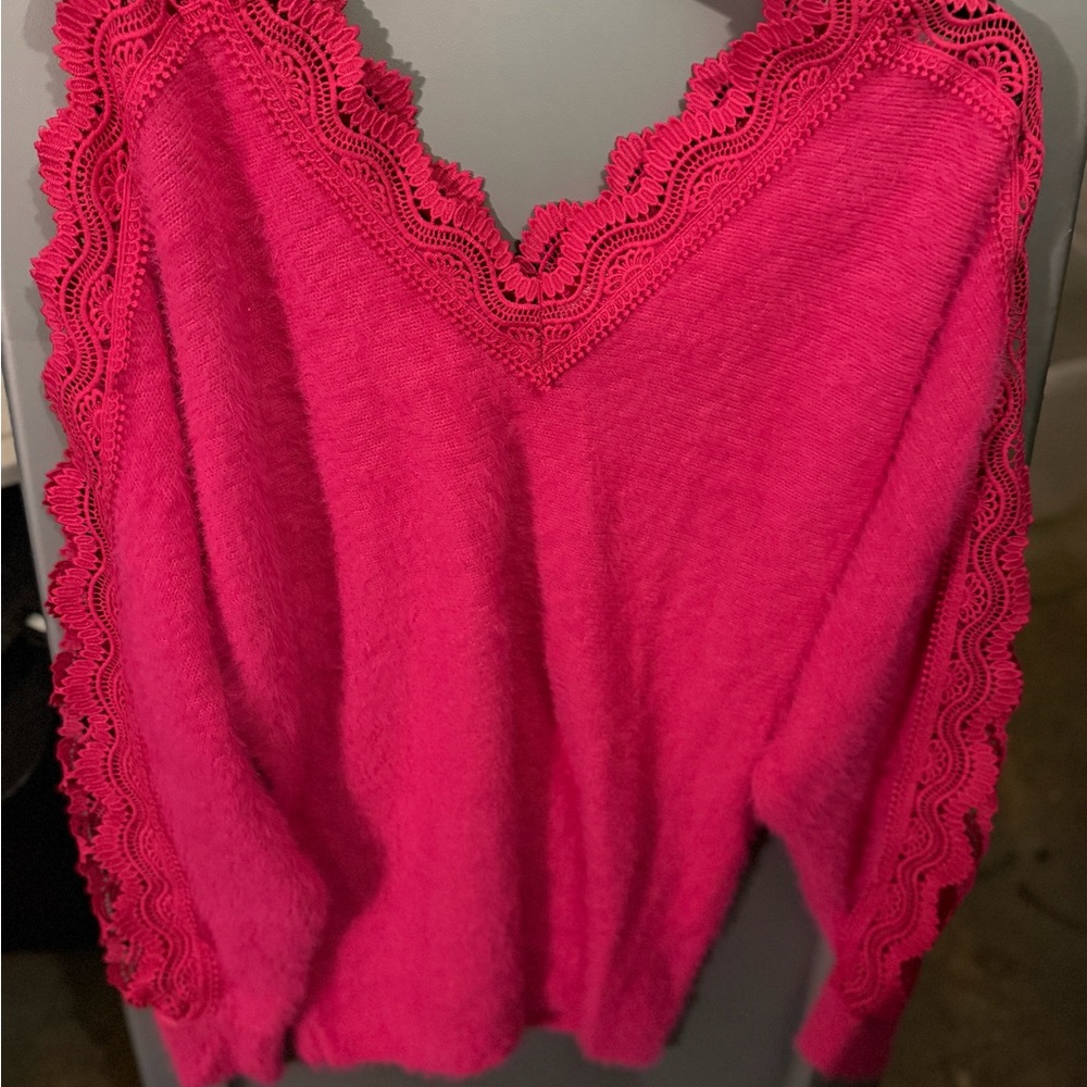 Sweet Love Bright Pink Lace-Trim V-Neck Sweater